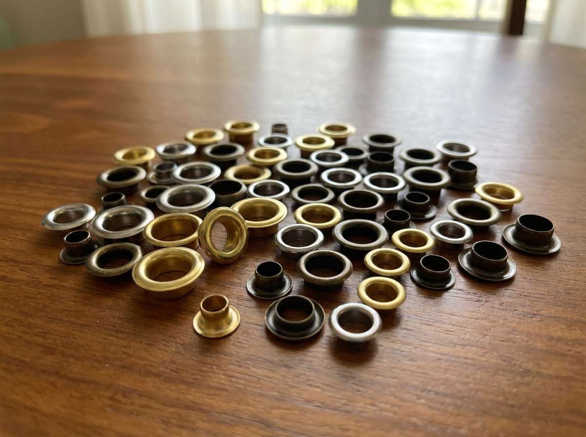 eyelet supplier China, The image shows multiple metal eyelets in different sizes and finishes arranged on a wooden table.
